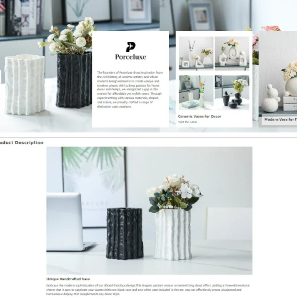 Set of 2 - Lg Black & White - Ribbed Rhombus Ceramic Vases for Flowers & Decor